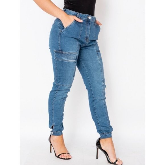 Blue High Waist Denim Jeans Cargo Utility Joggers Jogger Pants - Picture 4 of 11